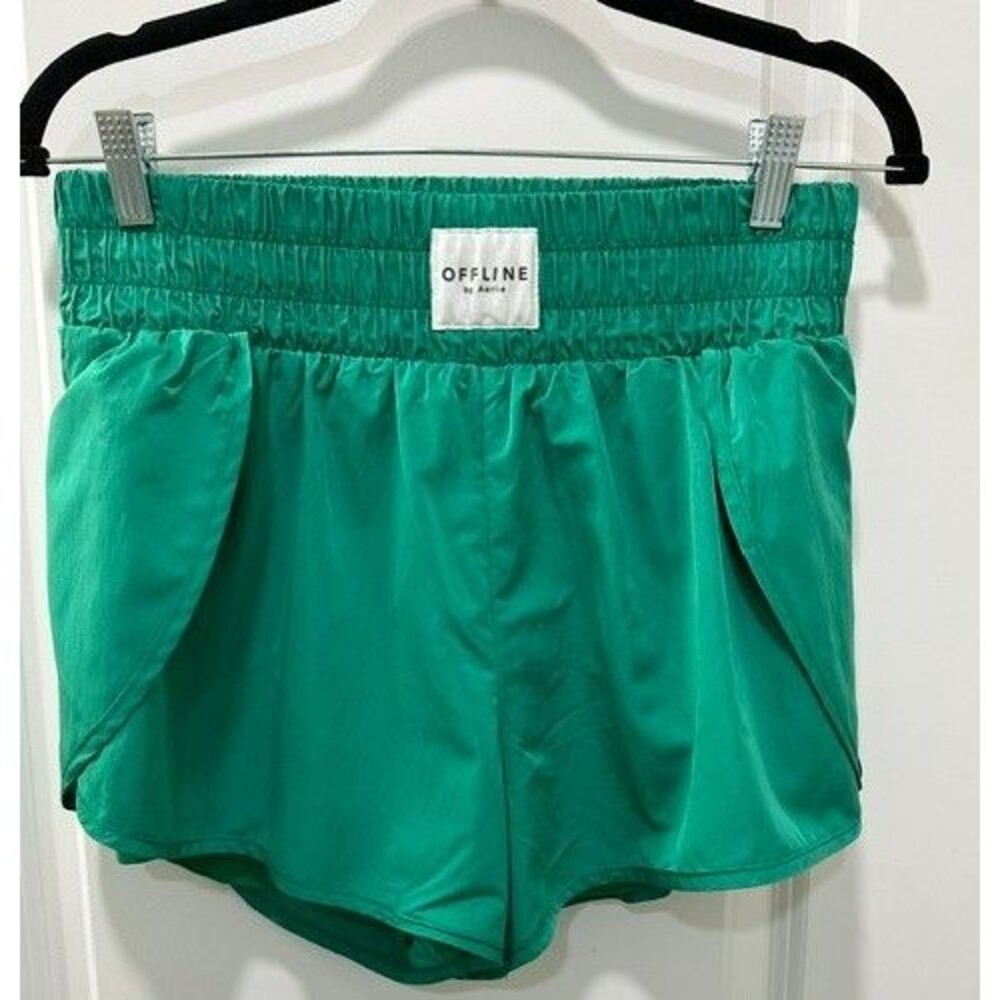 OFFLINE by Aerie Satin Track Short Womens L Green Elastic Waist Flowy Activewear